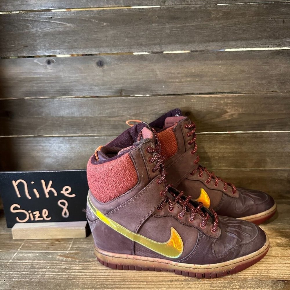 Womens Nike Dunk Super Sky Hi Burgundy Leather Casual Wedges‎ Sneakers Size 8 M
